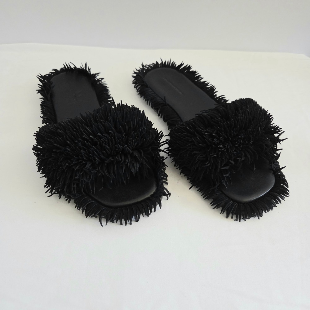 Alexander Wang Black Shaggy Fringe Slide Sandals Flat Statement Shoes